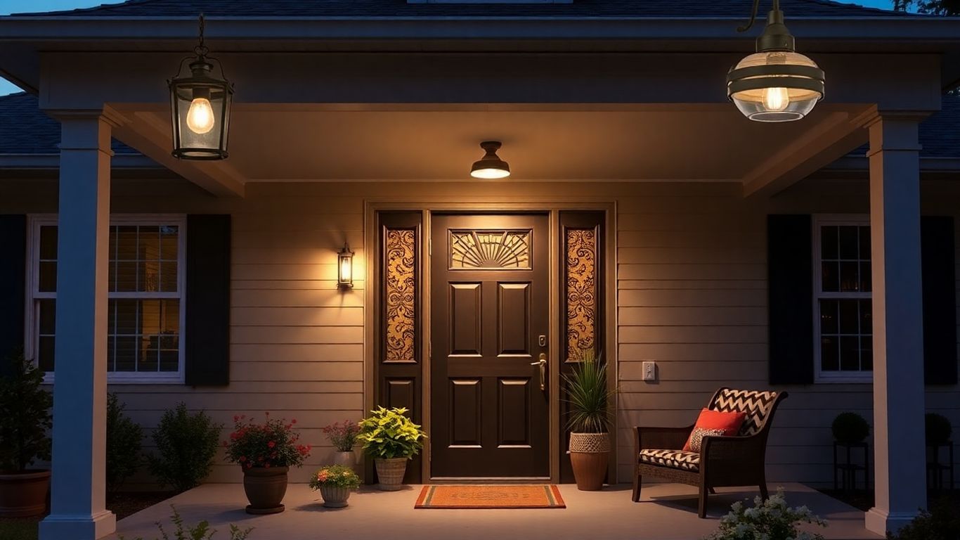 Various porch lights on a cozy home entrance at dusk