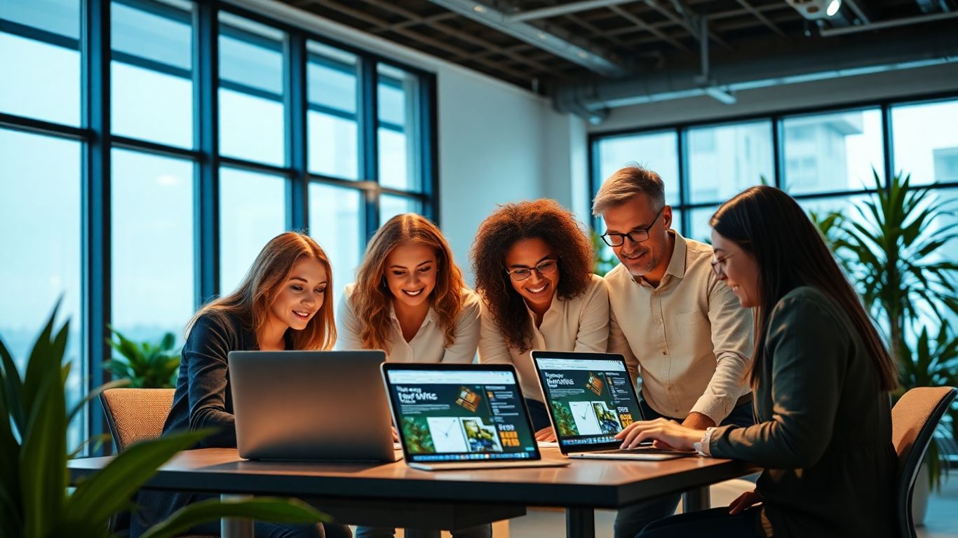 Team working together on laptops in modern office