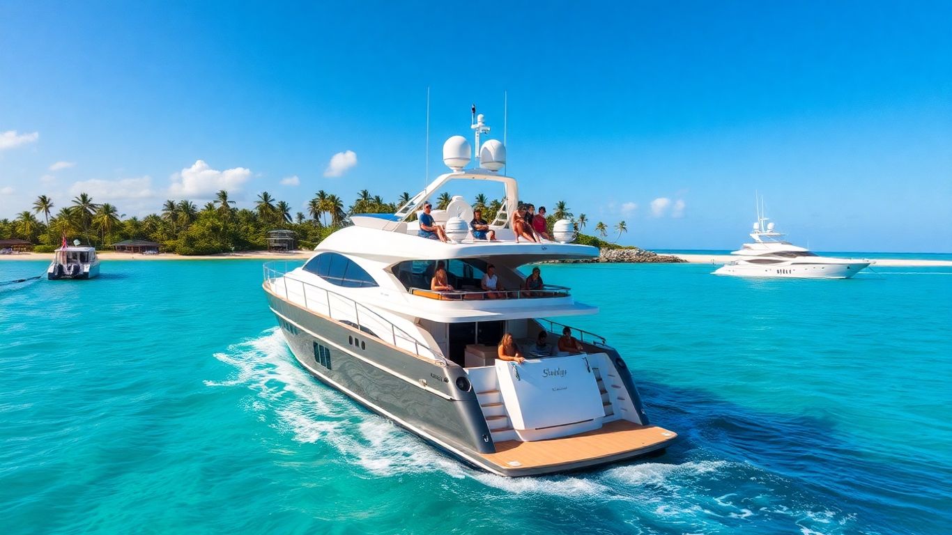 Luxury yacht on blue sea with people and sun