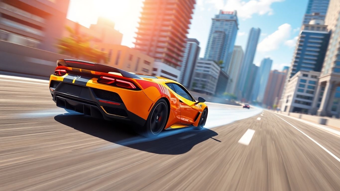3D sports car racing through a city.