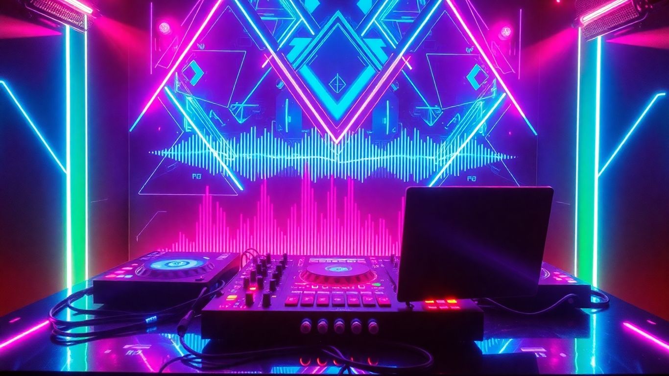 AI techno music production with glowing sound waves.