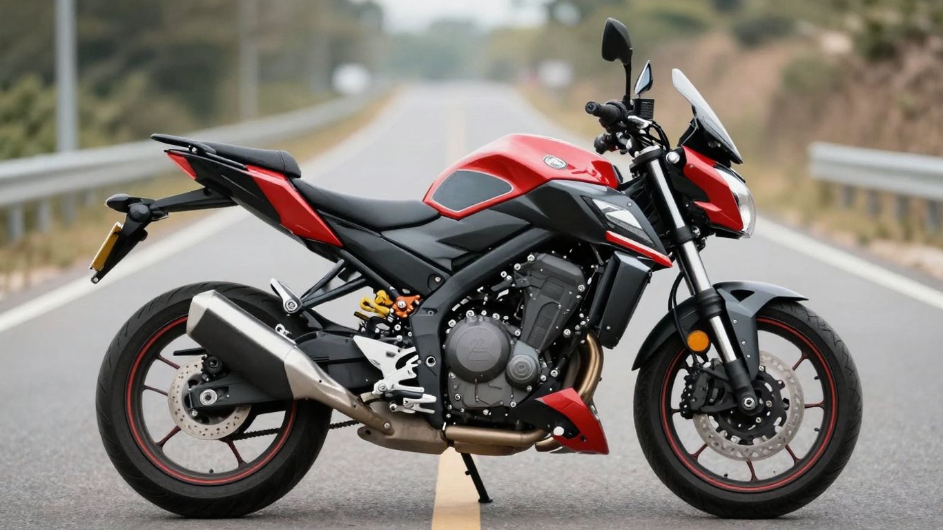 Motorcycle parked on a scenic road.