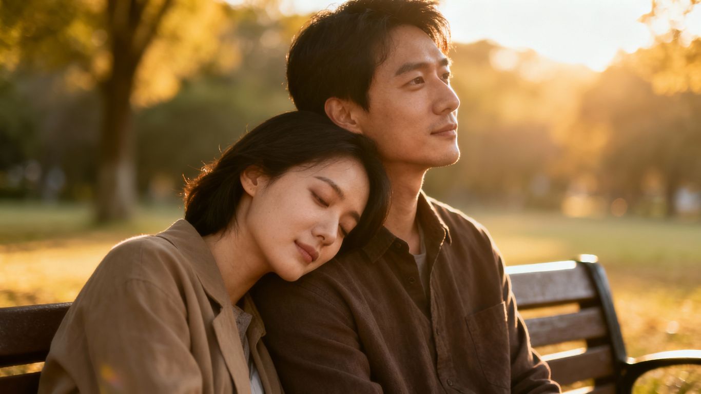 Couple on a bench, connected and peaceful.