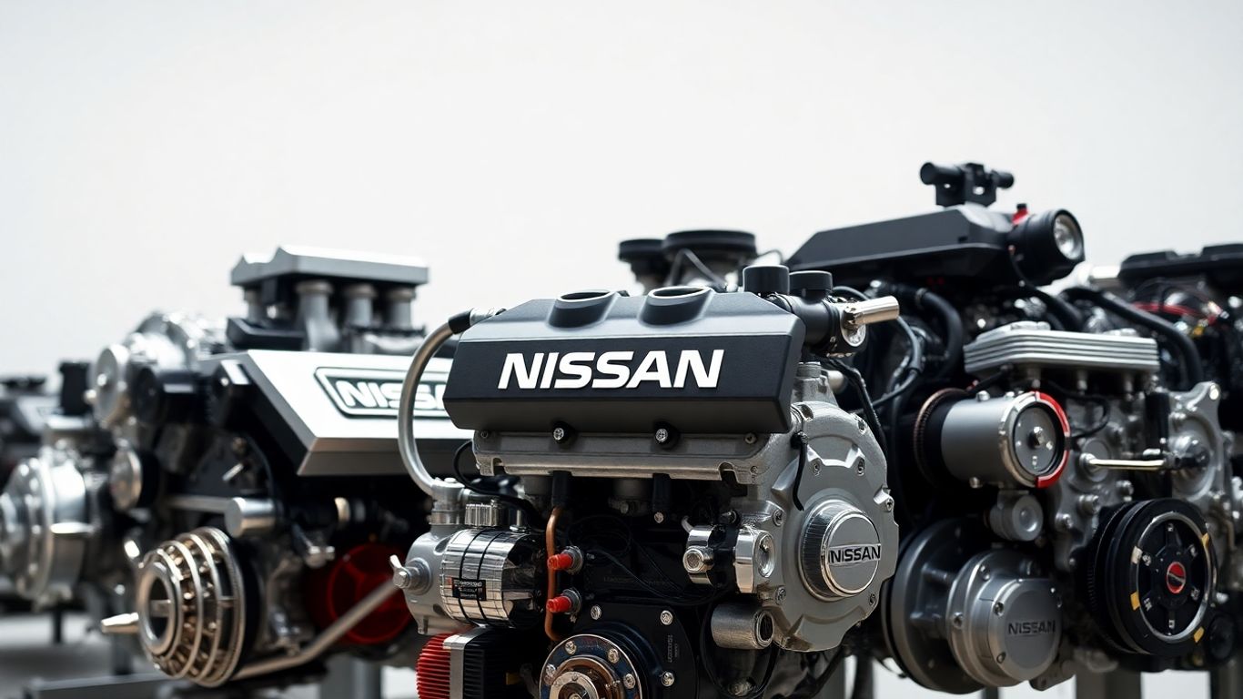 Various Nissan engines displayed for sale.