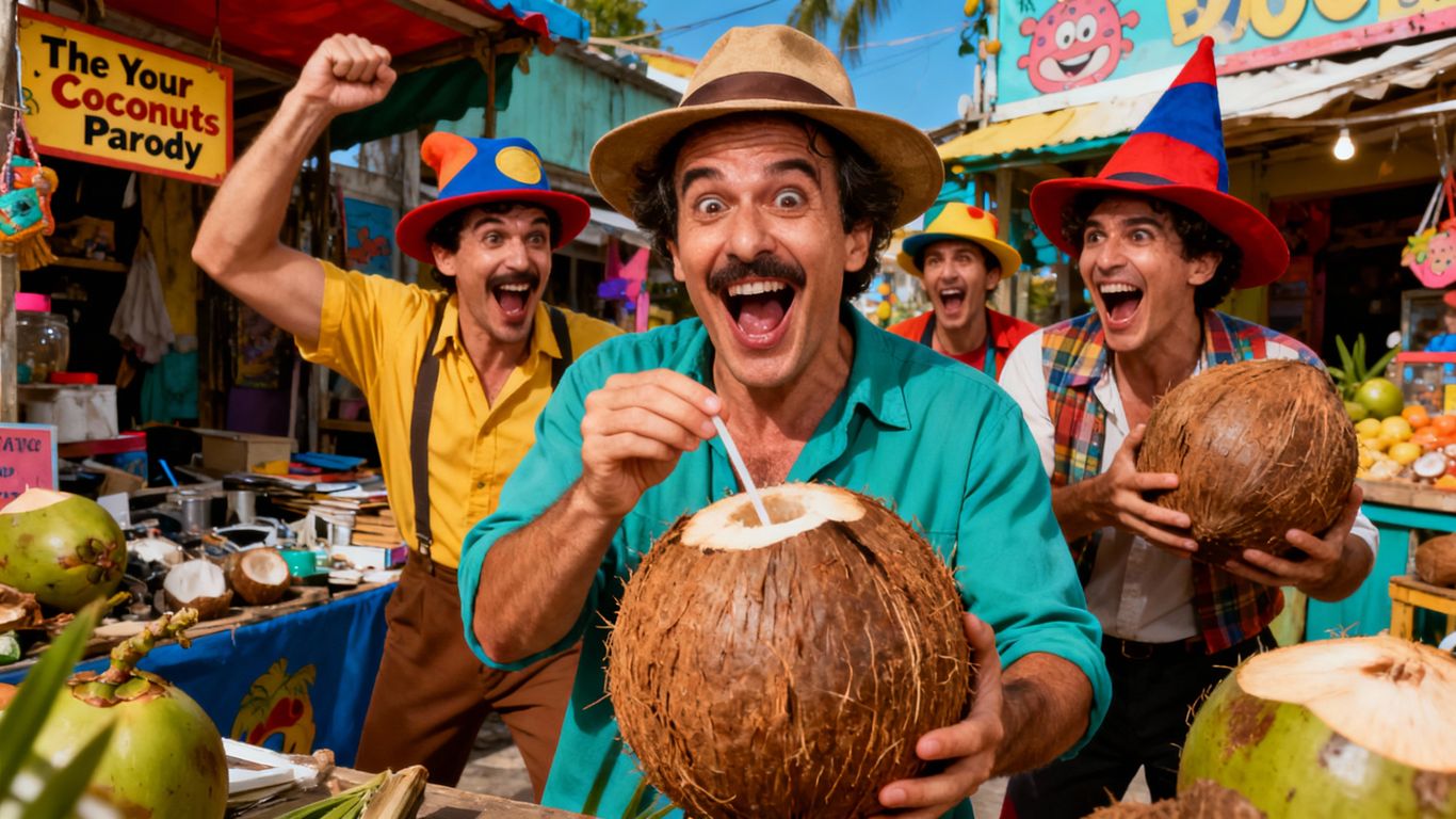 Humorous parody scene with exaggerated expressions and playful interactions.