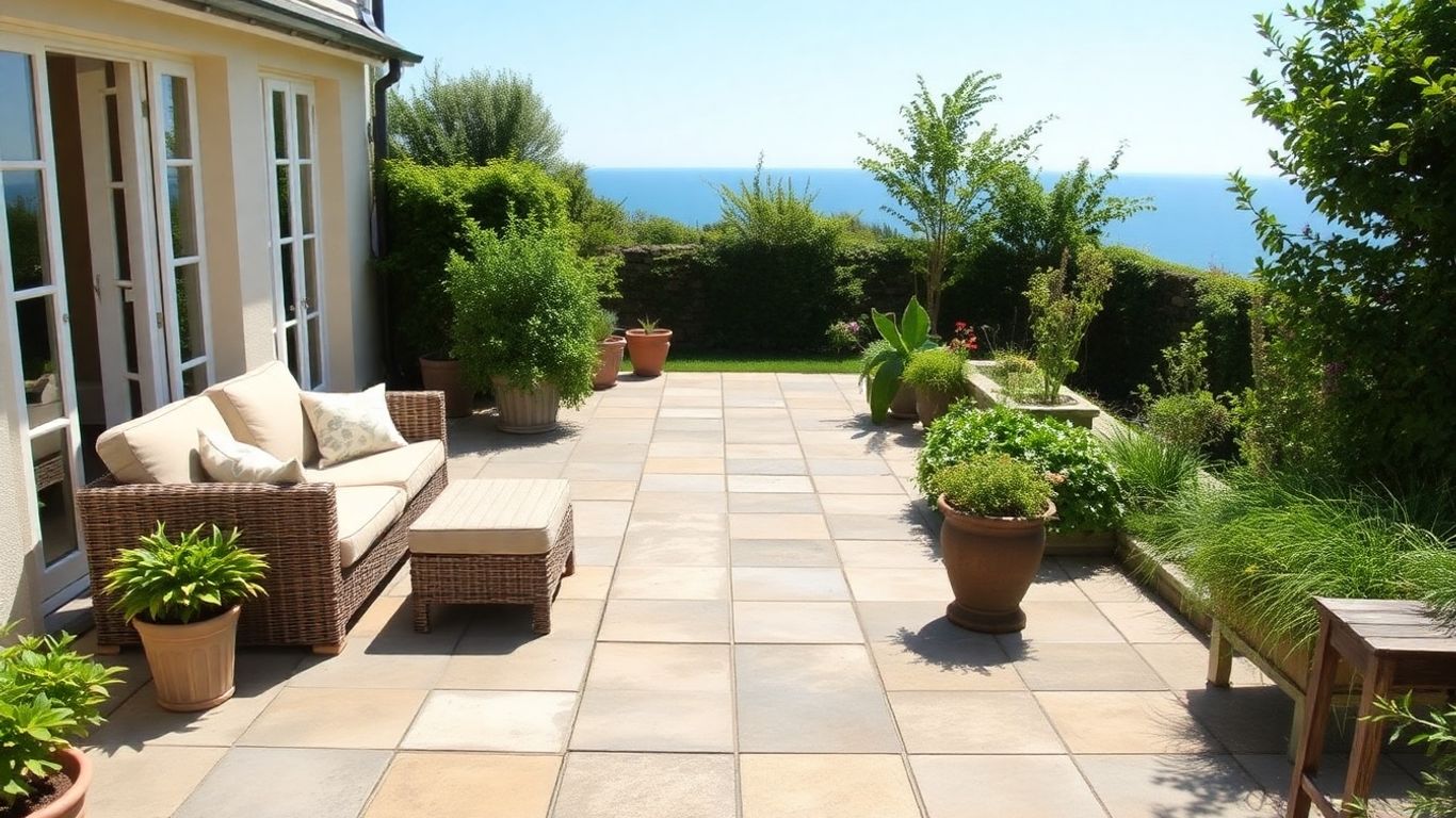 Coastal patio in Kingsbridge with natural stone paving.