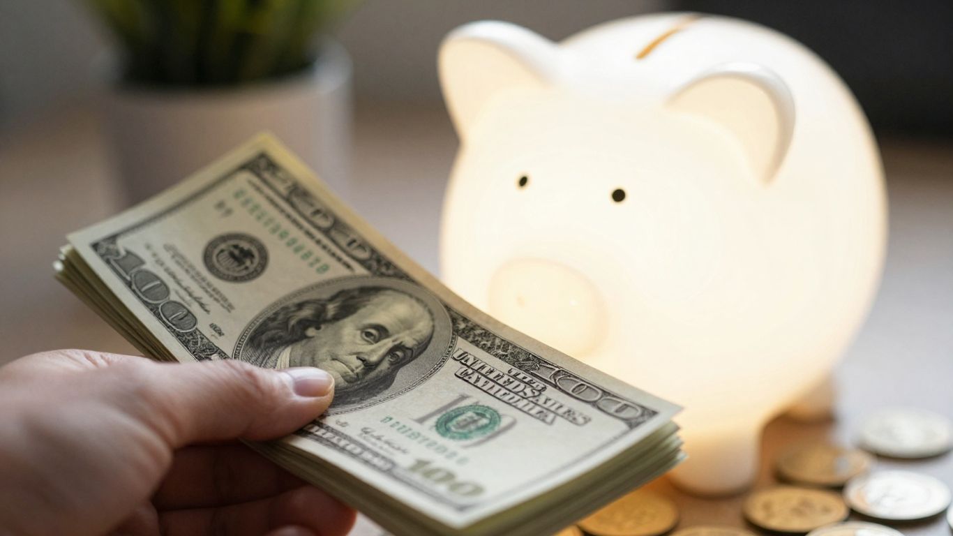 Hand holding money near a glowing piggy bank.
