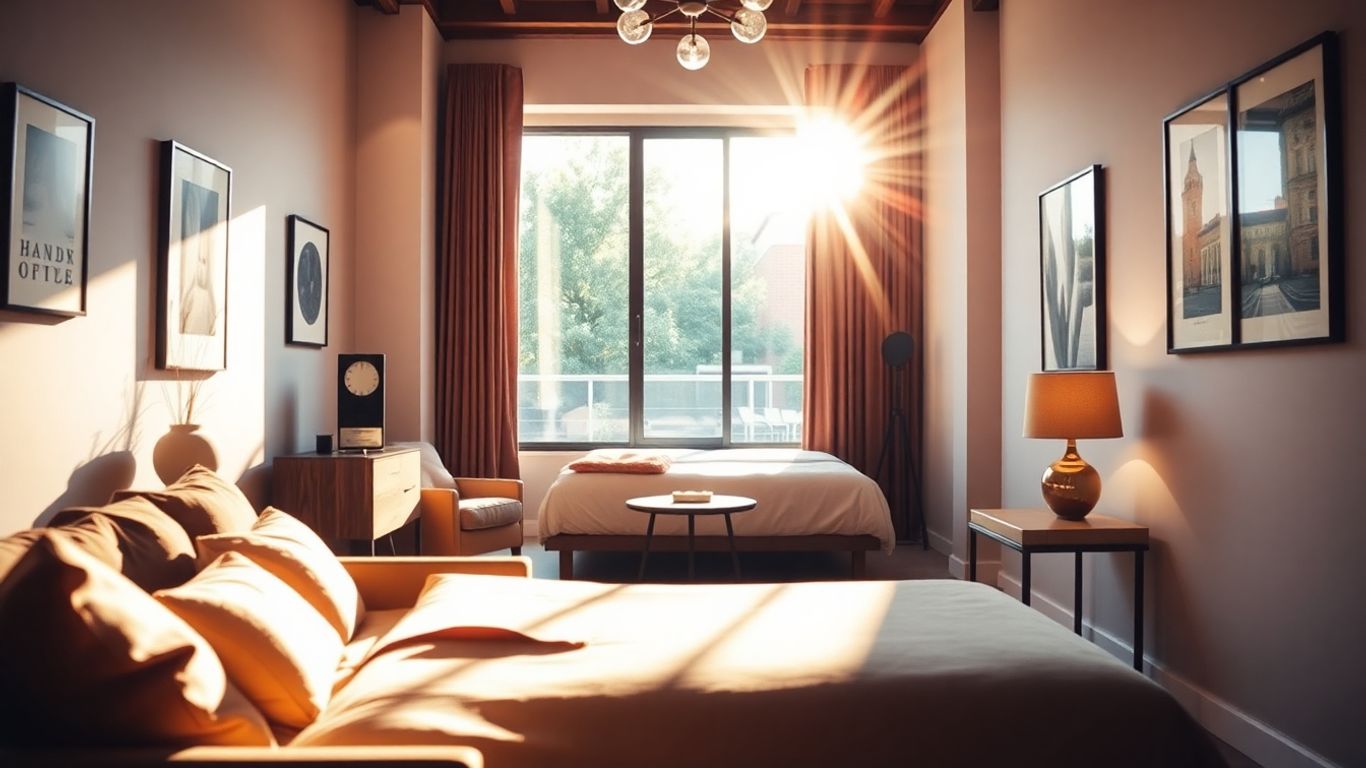 Stylish Airbnb interior with sunlight and comfortable decor.