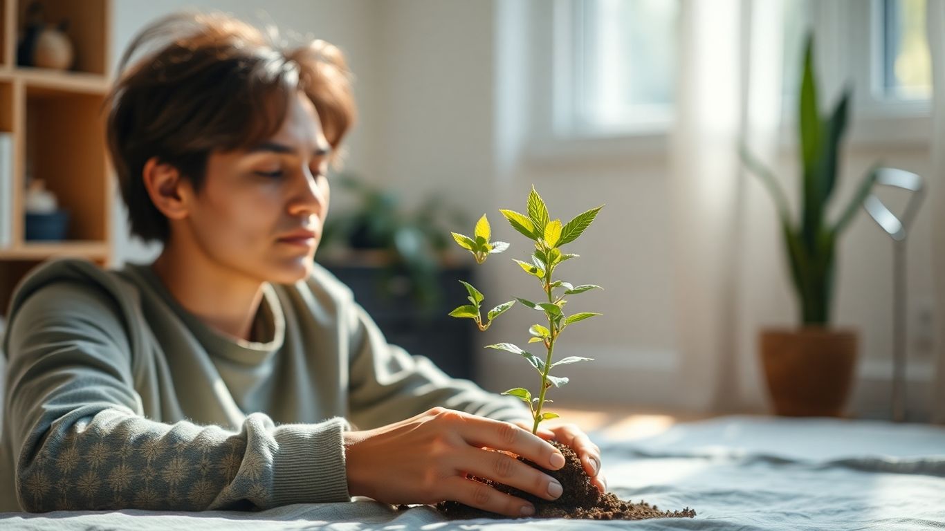 Persoană îngrijind o plantă, simbolizând creștere personală.