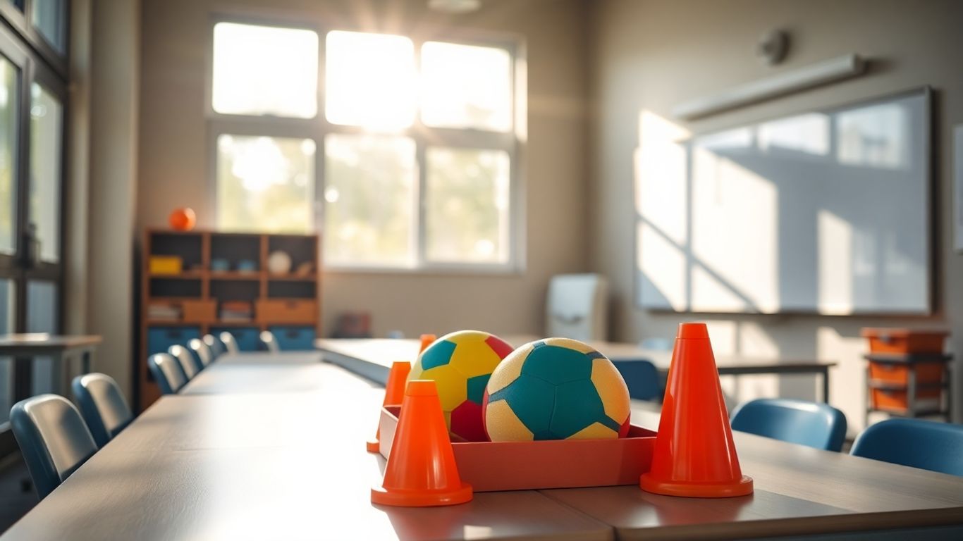Sportunterricht mit Bällen und Kegeln