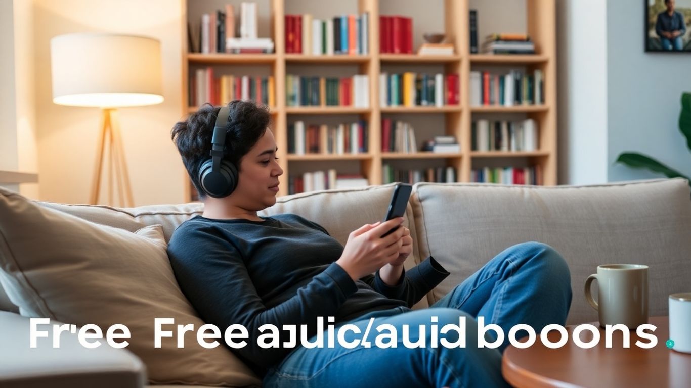 Persona con auriculares escuchando audiolibro en casa cómoda.
