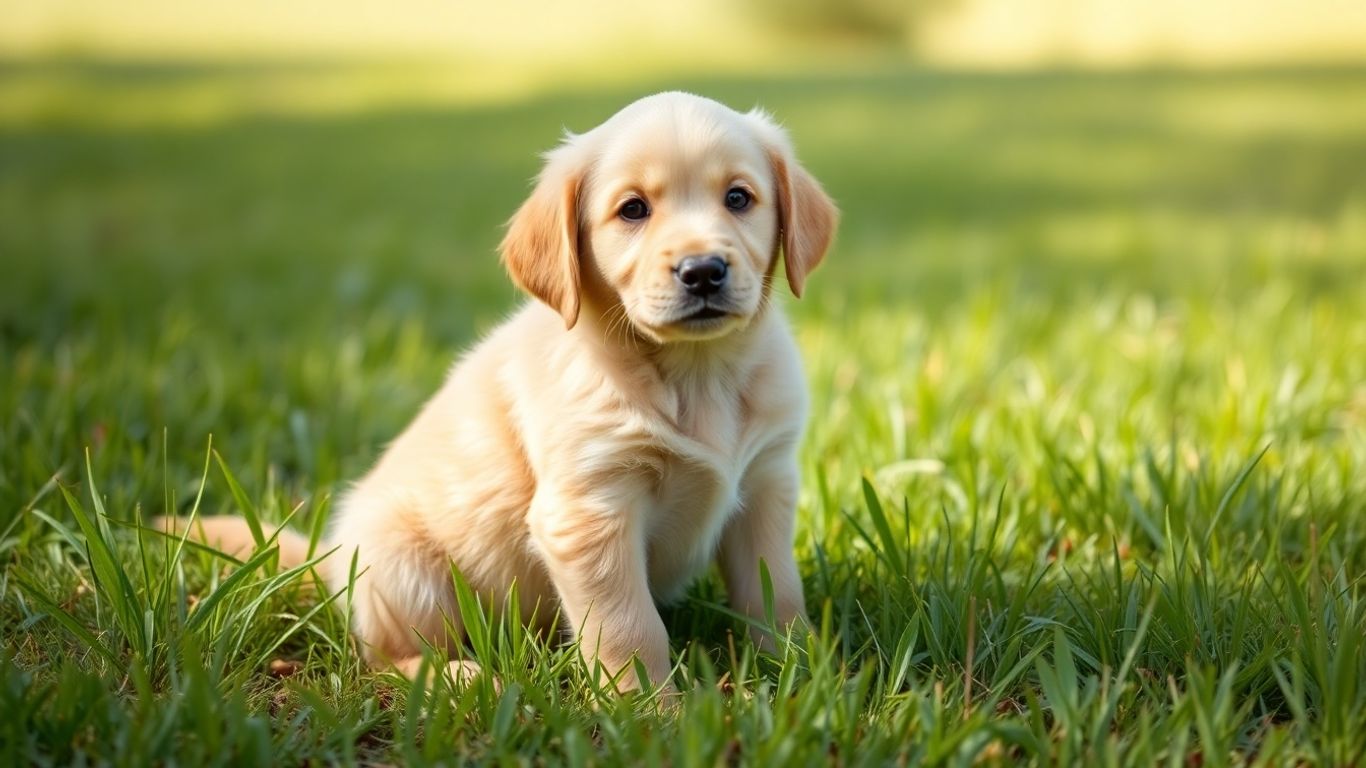 Happy golden retriever puppy in a sunny grassy field.