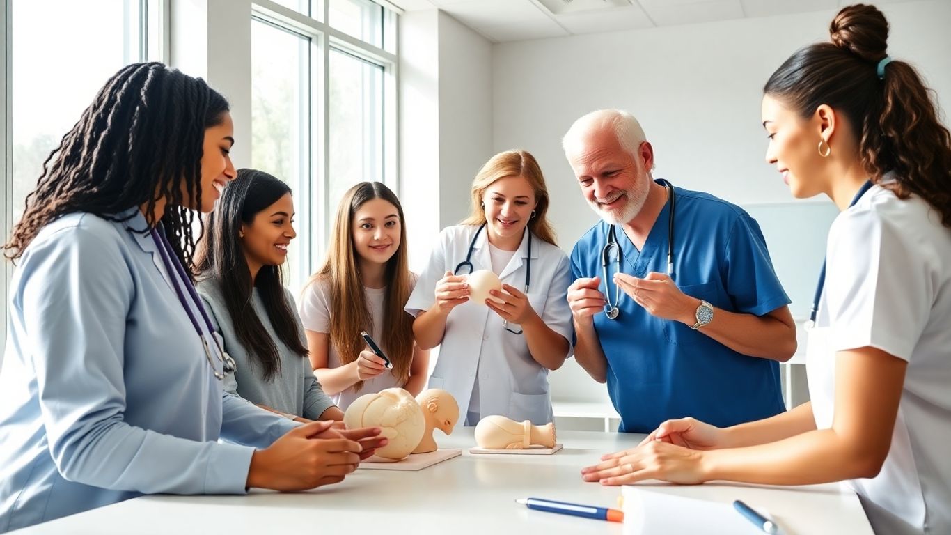Studenți medicina într-o sală de clasă luminoasă, învățare practică