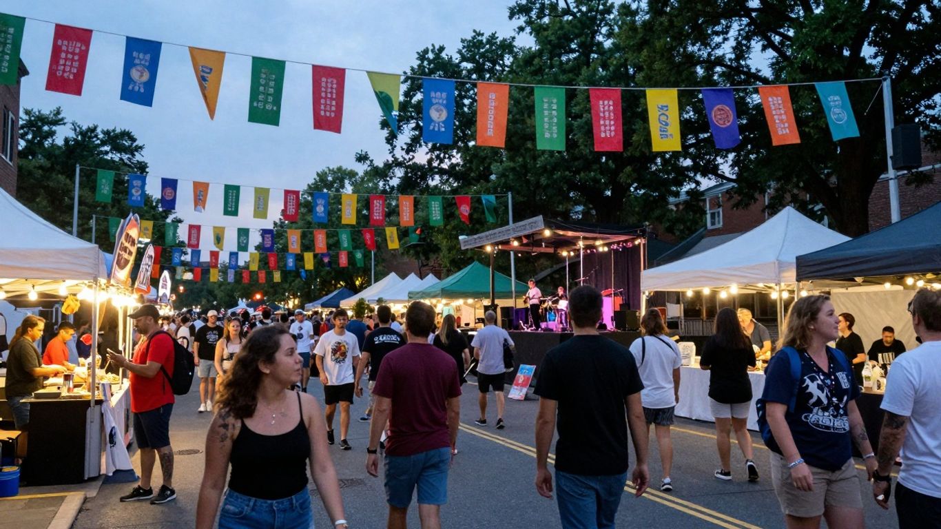 Feestelijke menigte in Washington D.C. met vlaggen en muziek.