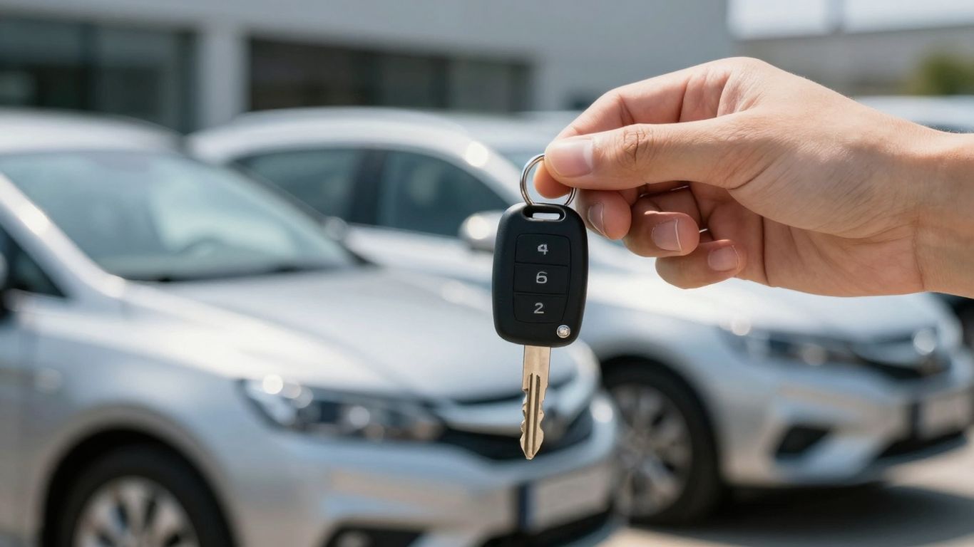 Hand holding car key with car in background