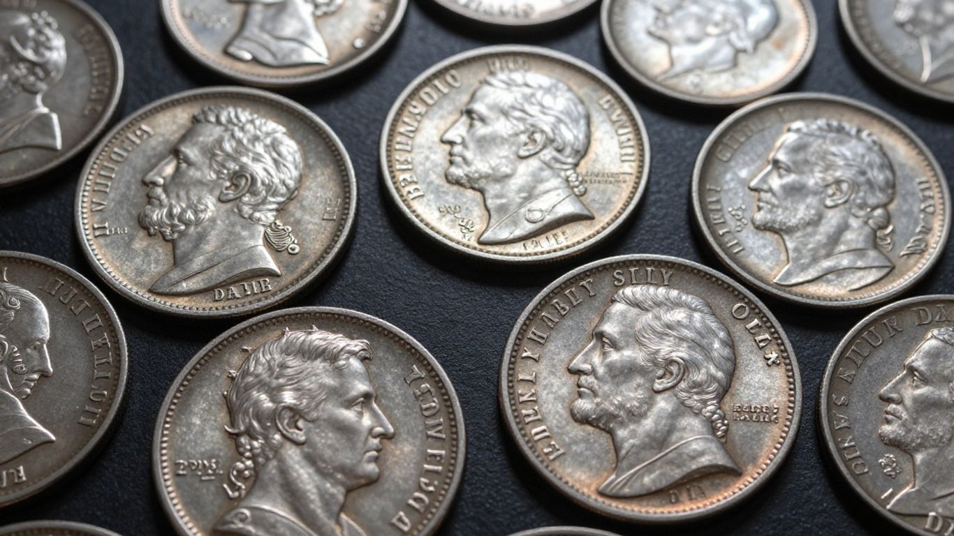 Silver coins with historical dates and intricate designs.