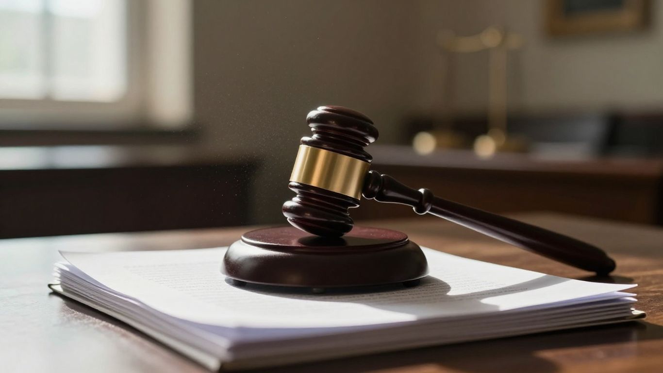 Gavel on legal documents in a courtroom.