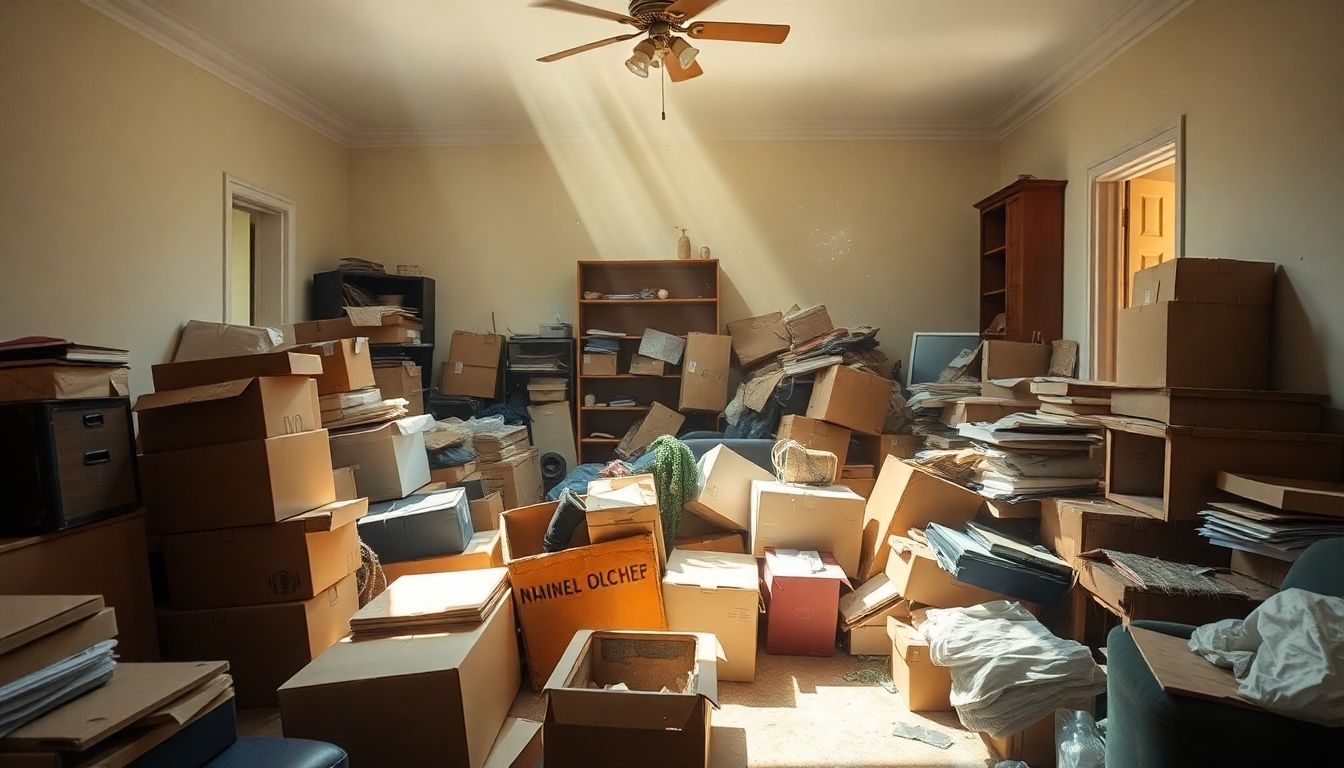 Cluttered room being emptied of furniture and boxes.