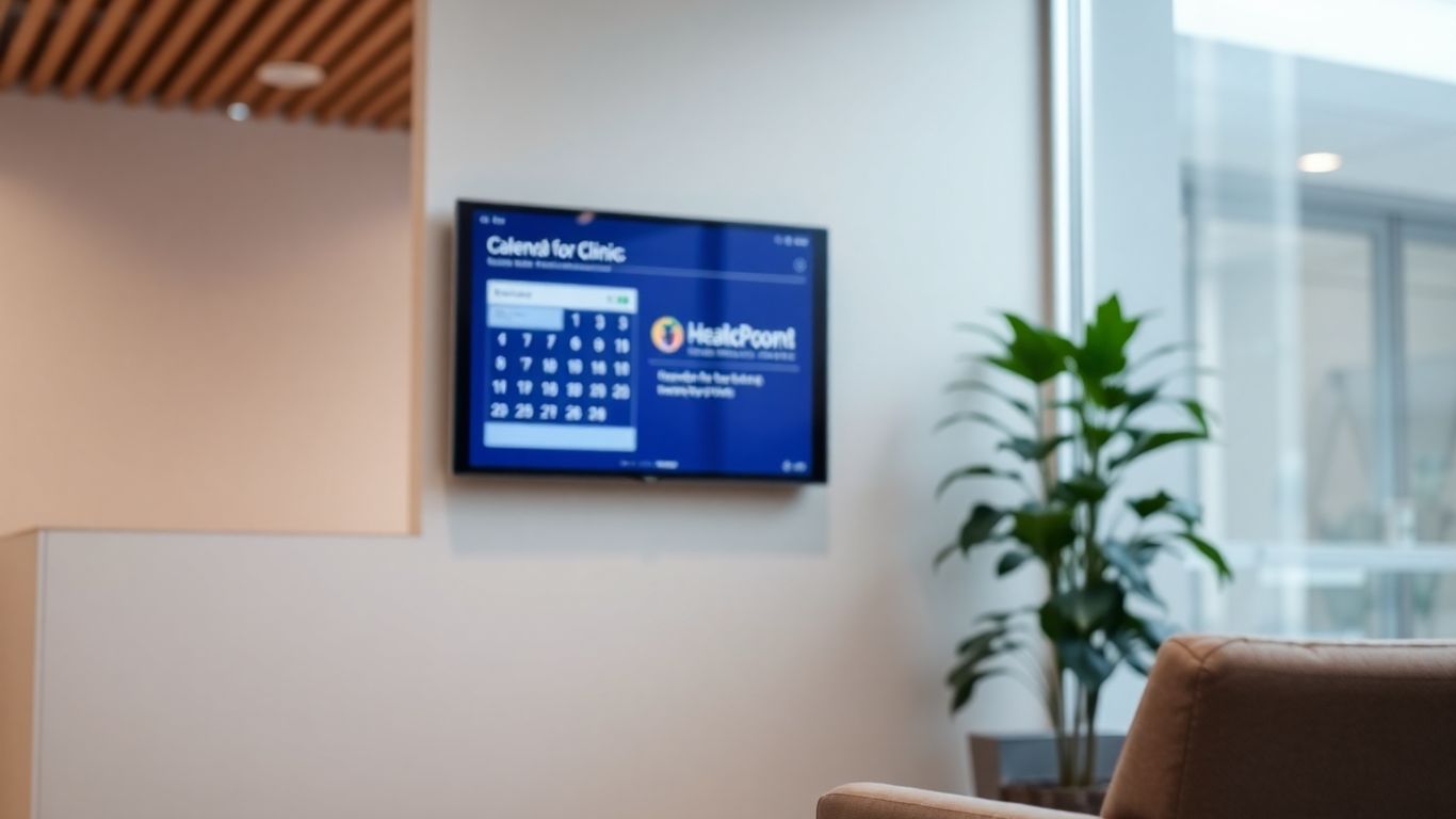 Clinic reception with digital appointment booking screen.