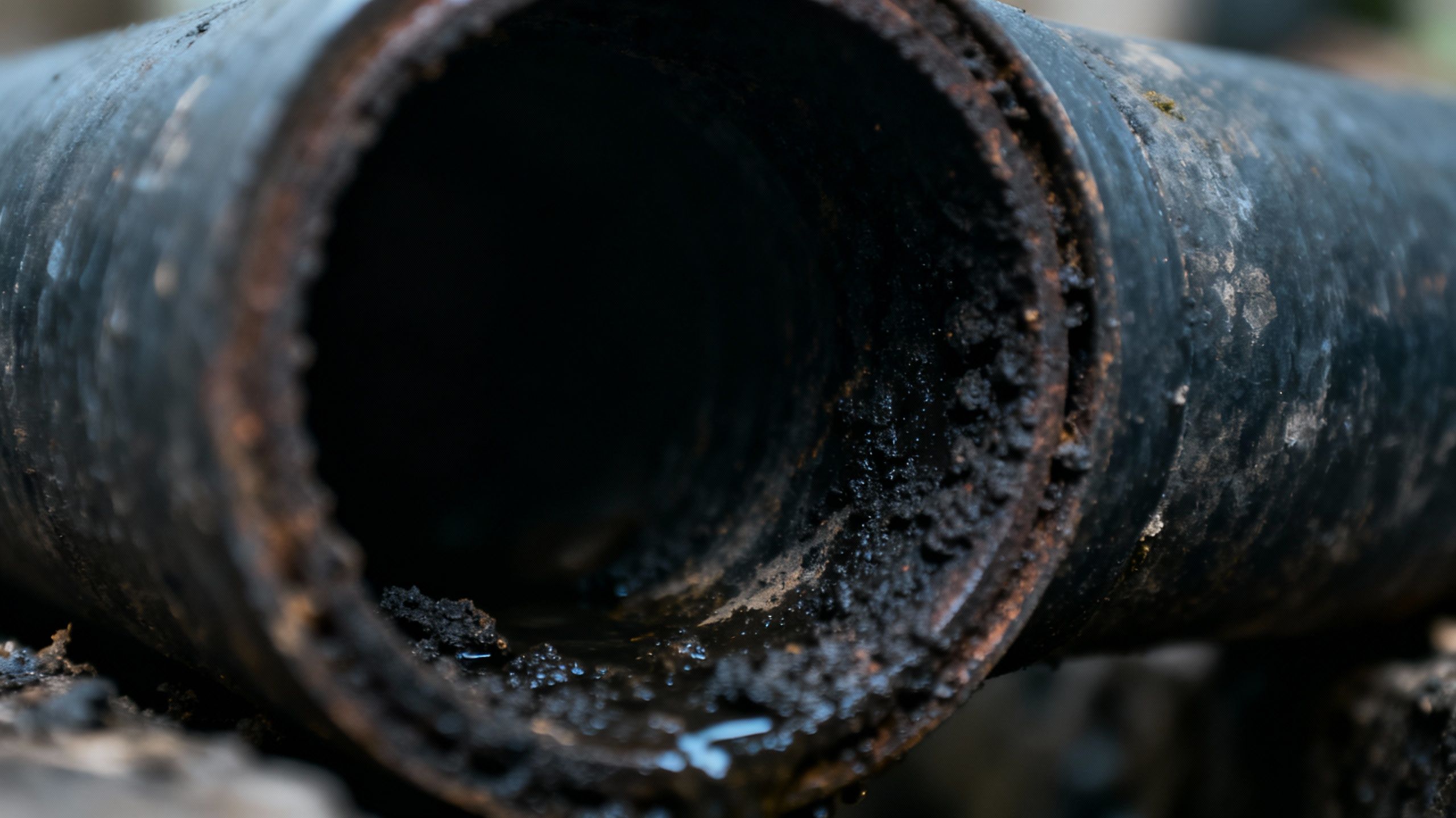 Close-up of a dark sewer pipe opening.