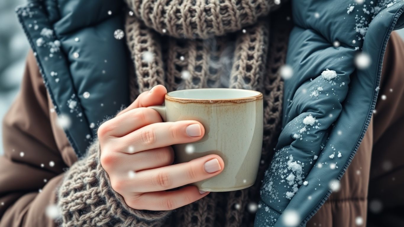 Cozy winter clothing textures and falling snow.