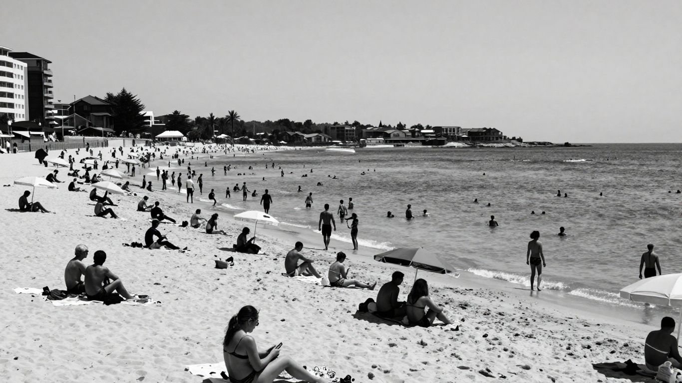 Druk strand met veel mensen en parasols.