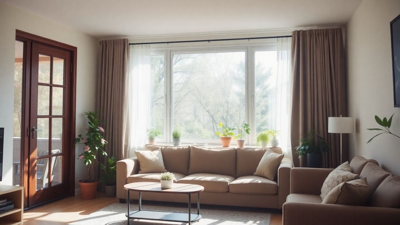 Sala de estar acogedora con luz solar y plantas.