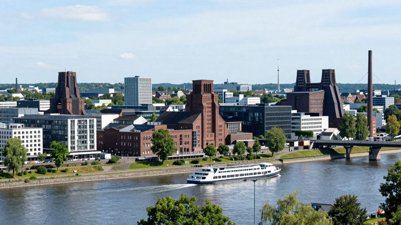 Stadtansicht an der Ruhr mit moderner Architektur und Grünflächen.