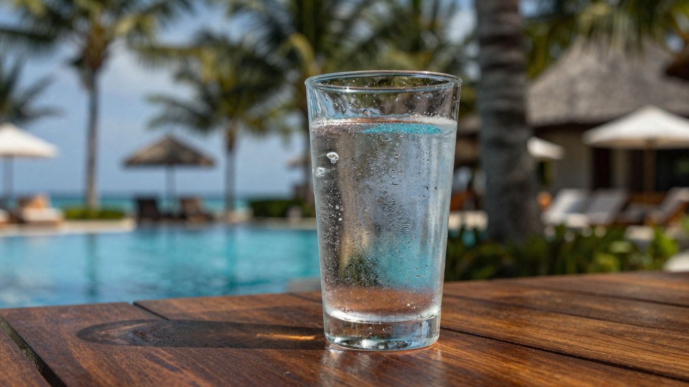 Glass of water at a resort with tropical background.