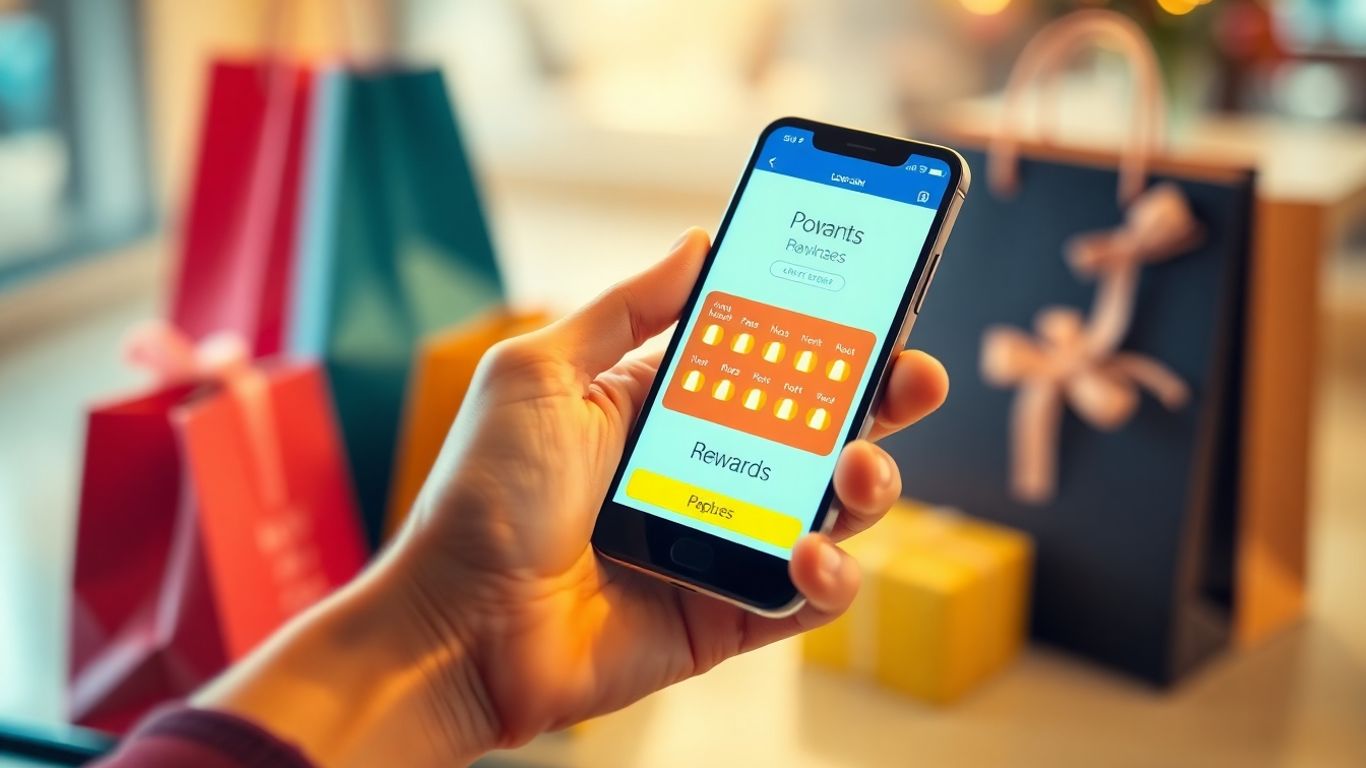 Hand holding phone with loyalty points and rewards.