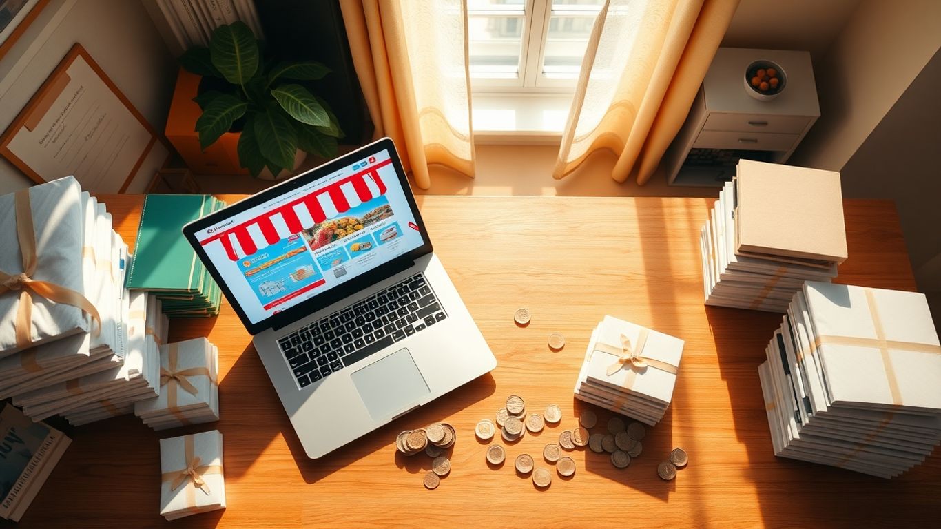 Laptop with successful dropshipping store and packages.