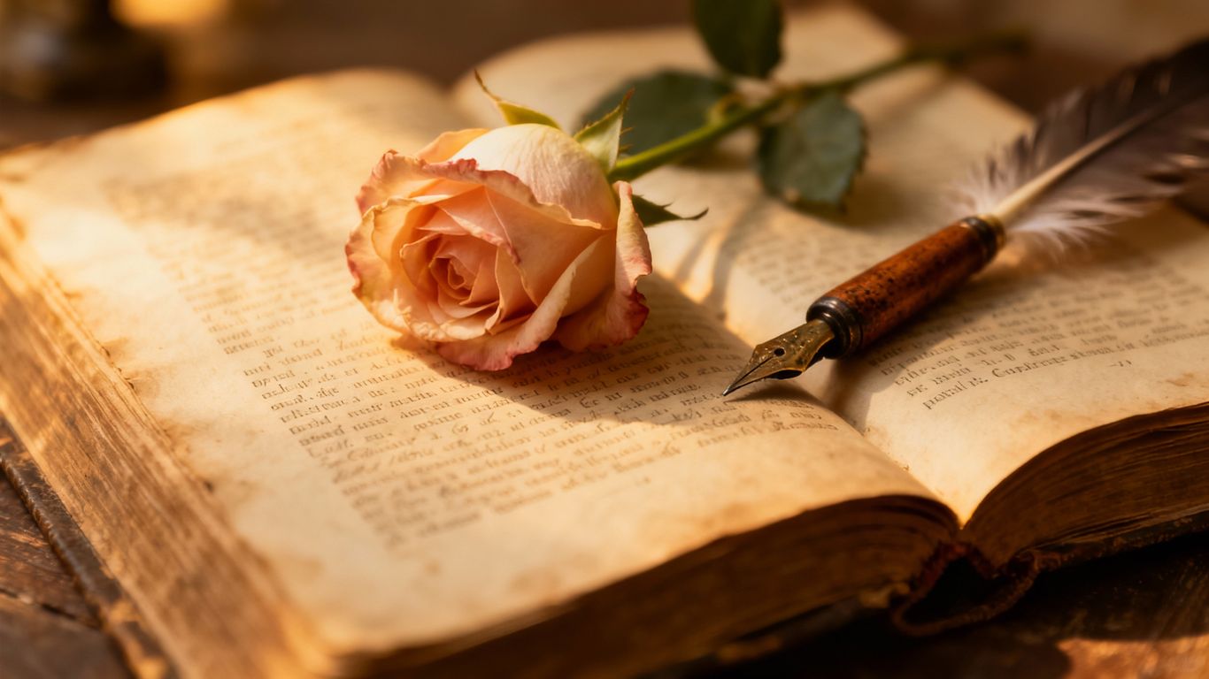 Classic romance symbols from literature, a rose on a book.
