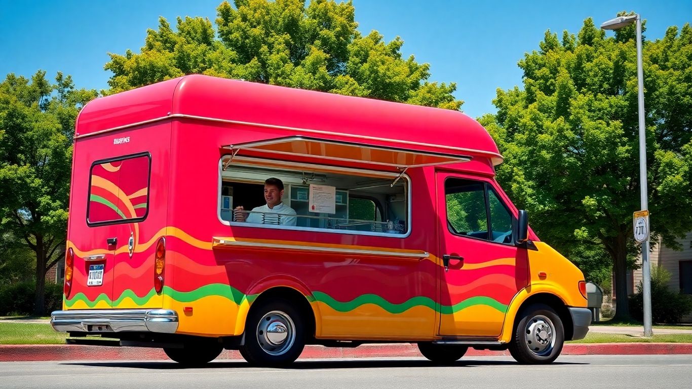 Burger van parked on a sunny street corner.