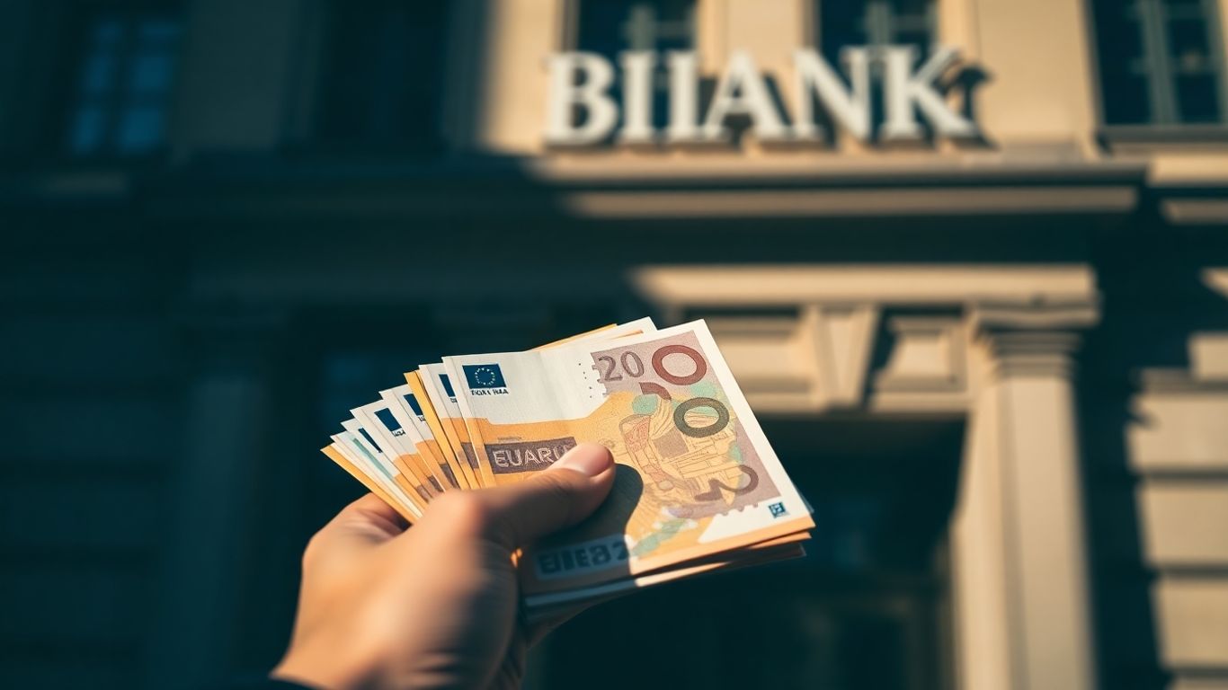 Main bancaire et bâtiment de banque flouté.