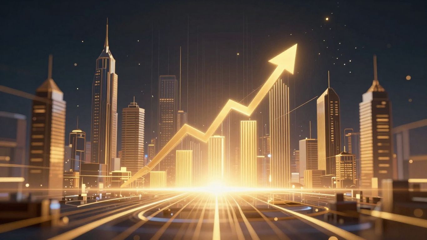 Digital streams connect futuristic city buildings, symbolizing financial growth.