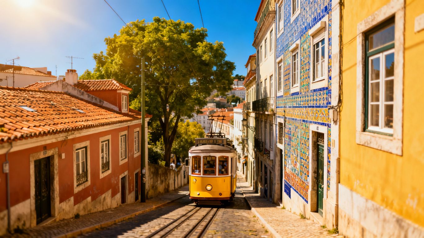 Lisbon tram on a sunny street with tiled buildings.