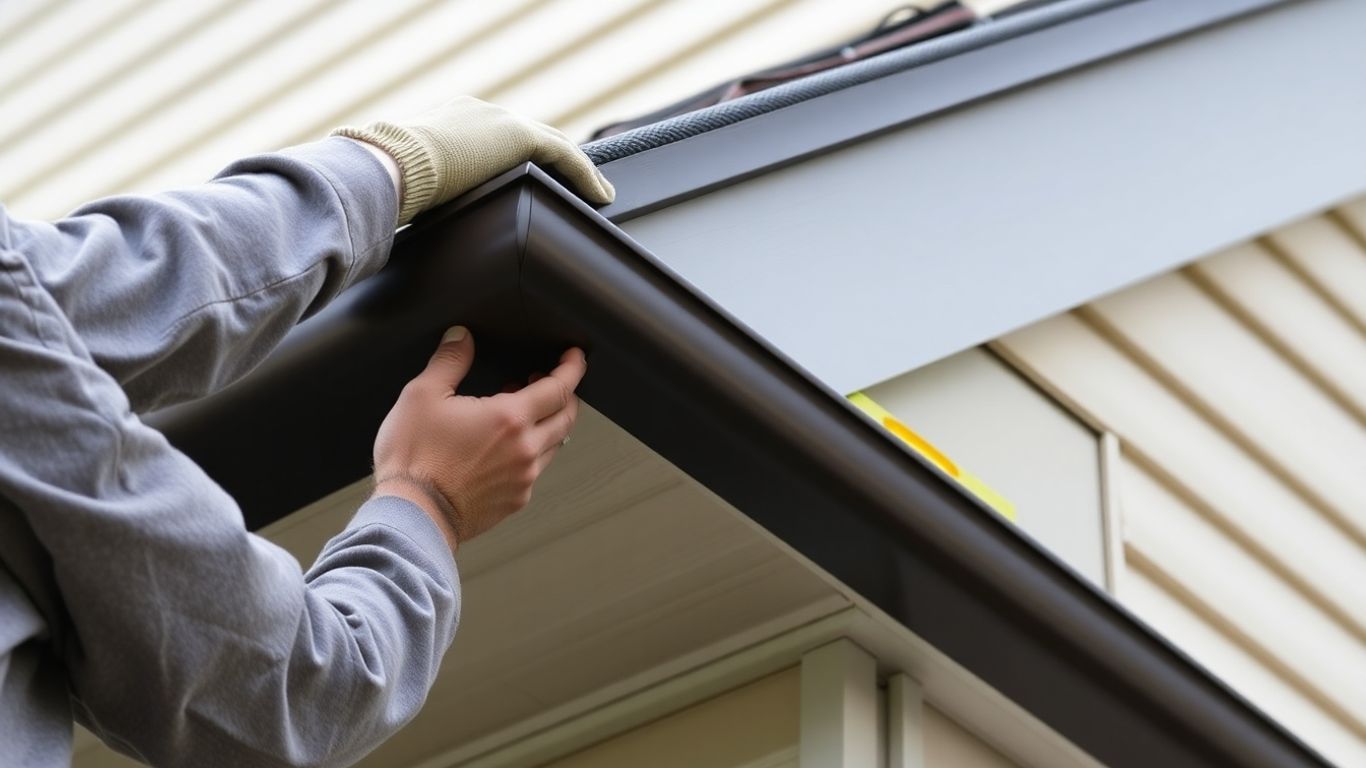 Worker installing new gutters on a house exterior.