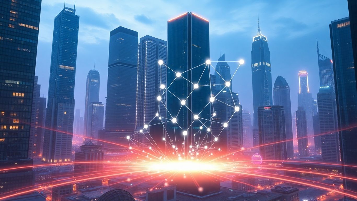 Futuristic cityscape with digital assets and glowing streams.