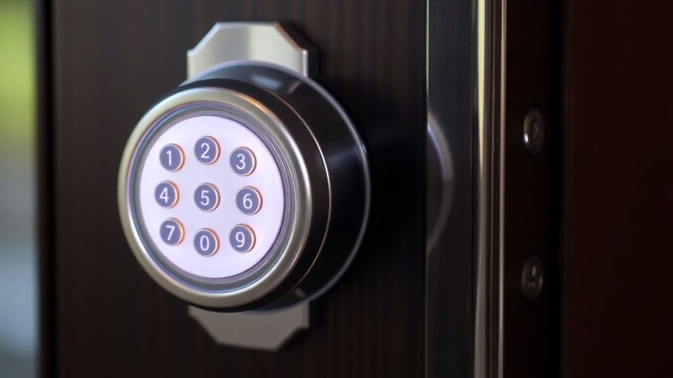 Schlage keypad deadbolt on a wooden door.