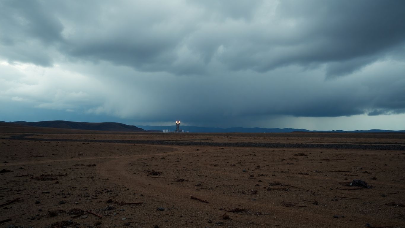 North Korea missile launchpad under stormy skies.