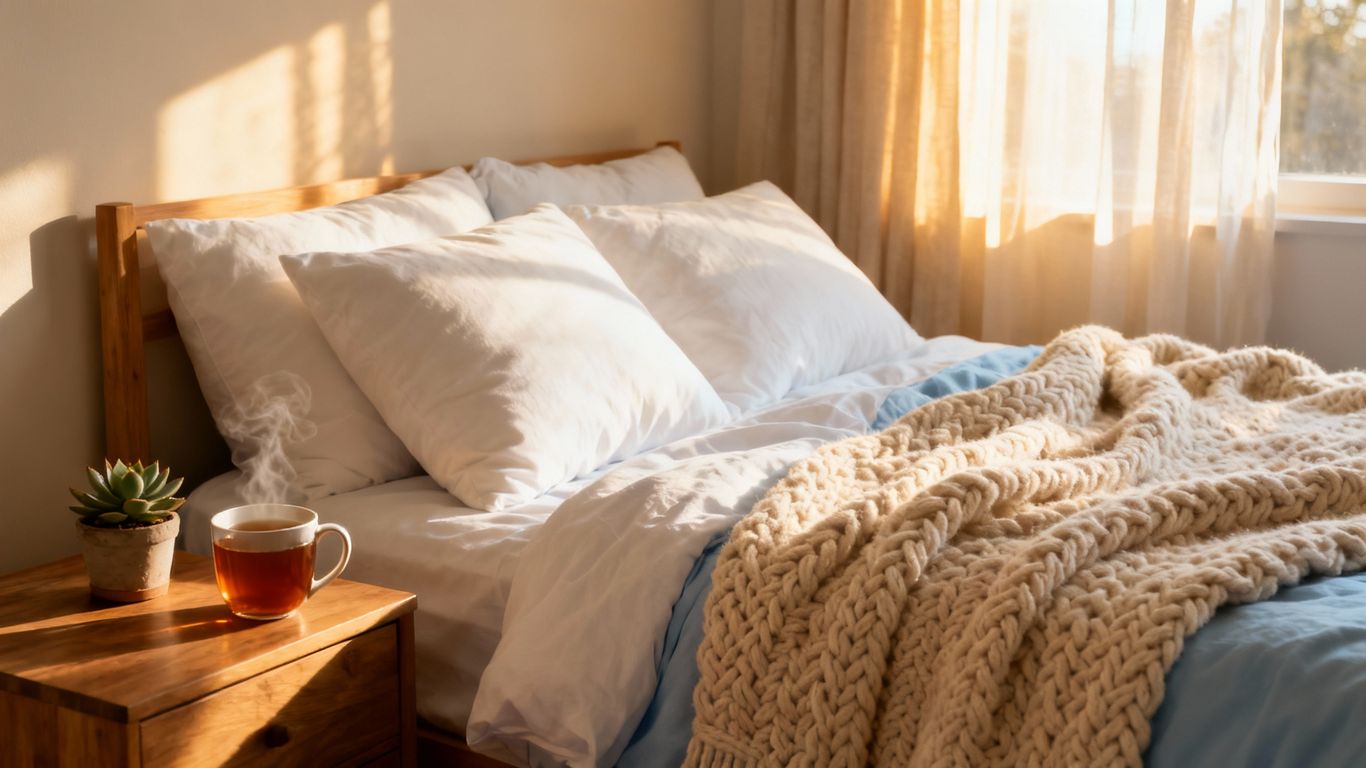 Cozy bedroom with tea and plant for self-care.