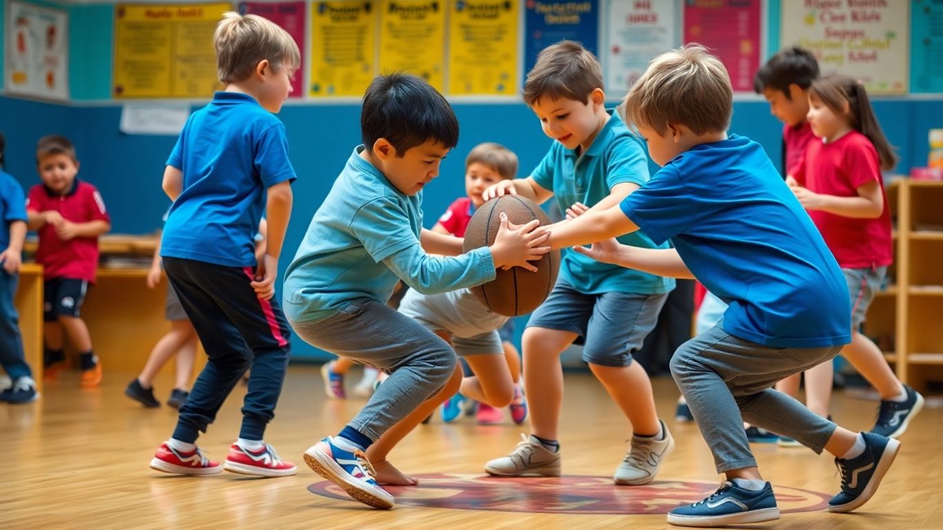 Grundschulkinder beim spielerischen Ringen und Raufen im Sportunterricht.
