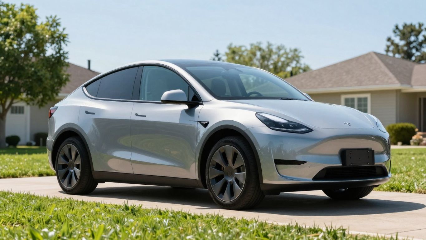 Carro elétrico moderno em ambiente residencial ensolarado.