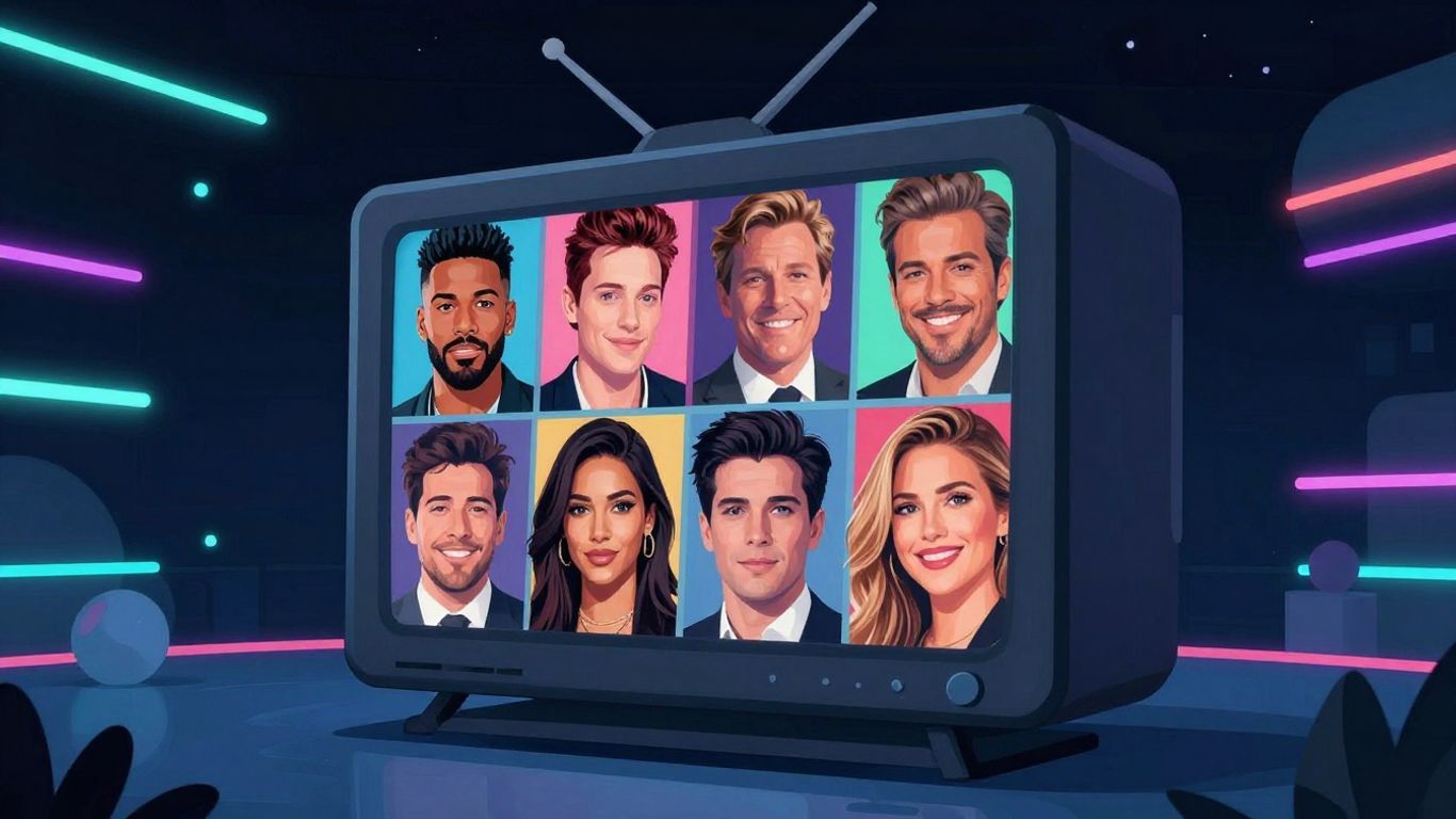 Celebrity faces on a stylized TV screen, game-like background.