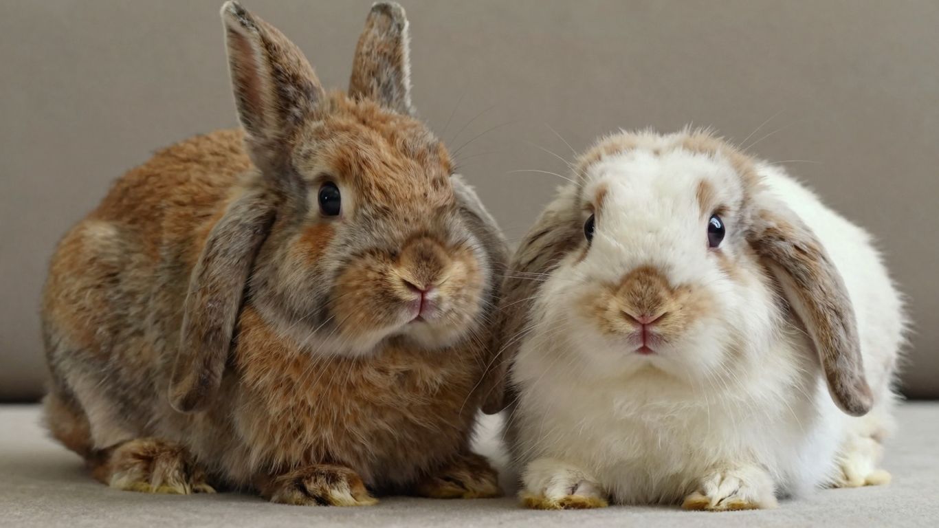 Two adorable Holland Lop bunnies, one brown, one white.
