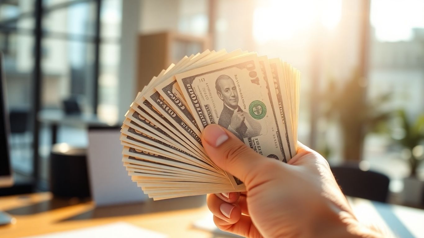 Stack of dollar bills with sunlight