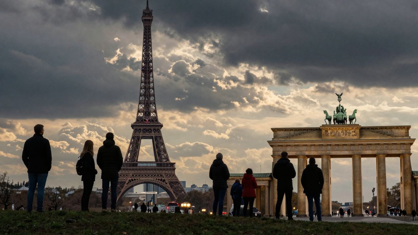 Harta Europei cu steaguri și clădiri iconice.