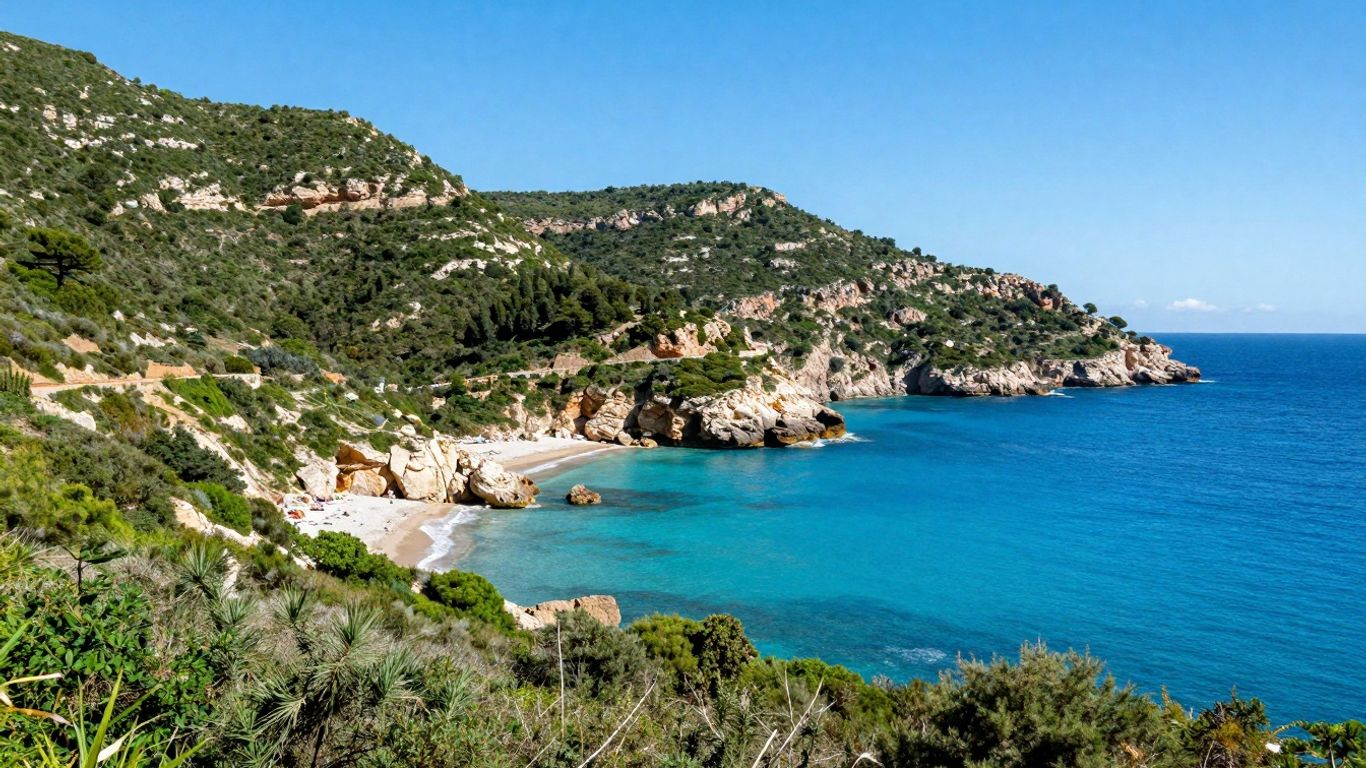 Scenic view of Corsica's coastline with cliffs and turquoise water.