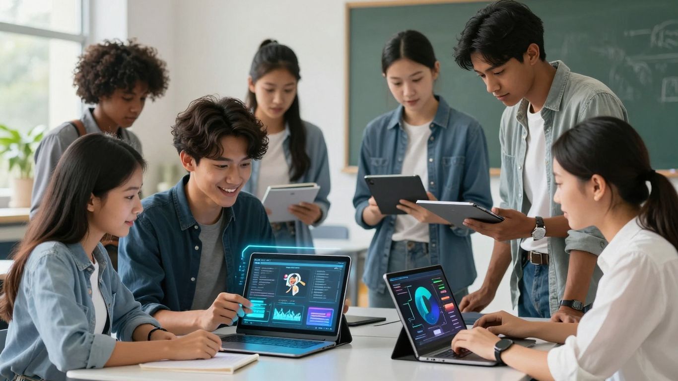 Students using technology for personalized learning in a classroom.