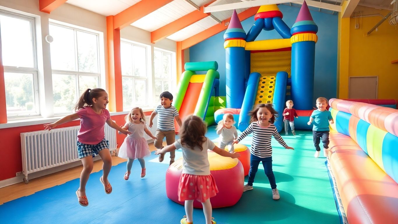 Kids jumping on bouncy castle at indoor play centre